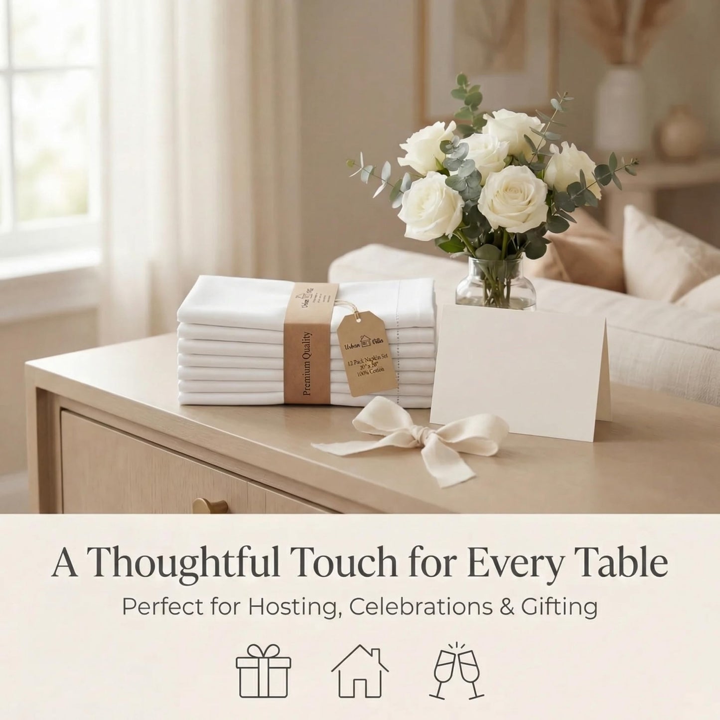 Urban Villa Cloth Napkins 100% Cotton Highly Absorbent Washable Reusable Premium Dinner Napkins Ideal for Gifts for Mothers Day Hotel Farmhouse Parties - White - Hemstitch (20" x 20", Set of 12)