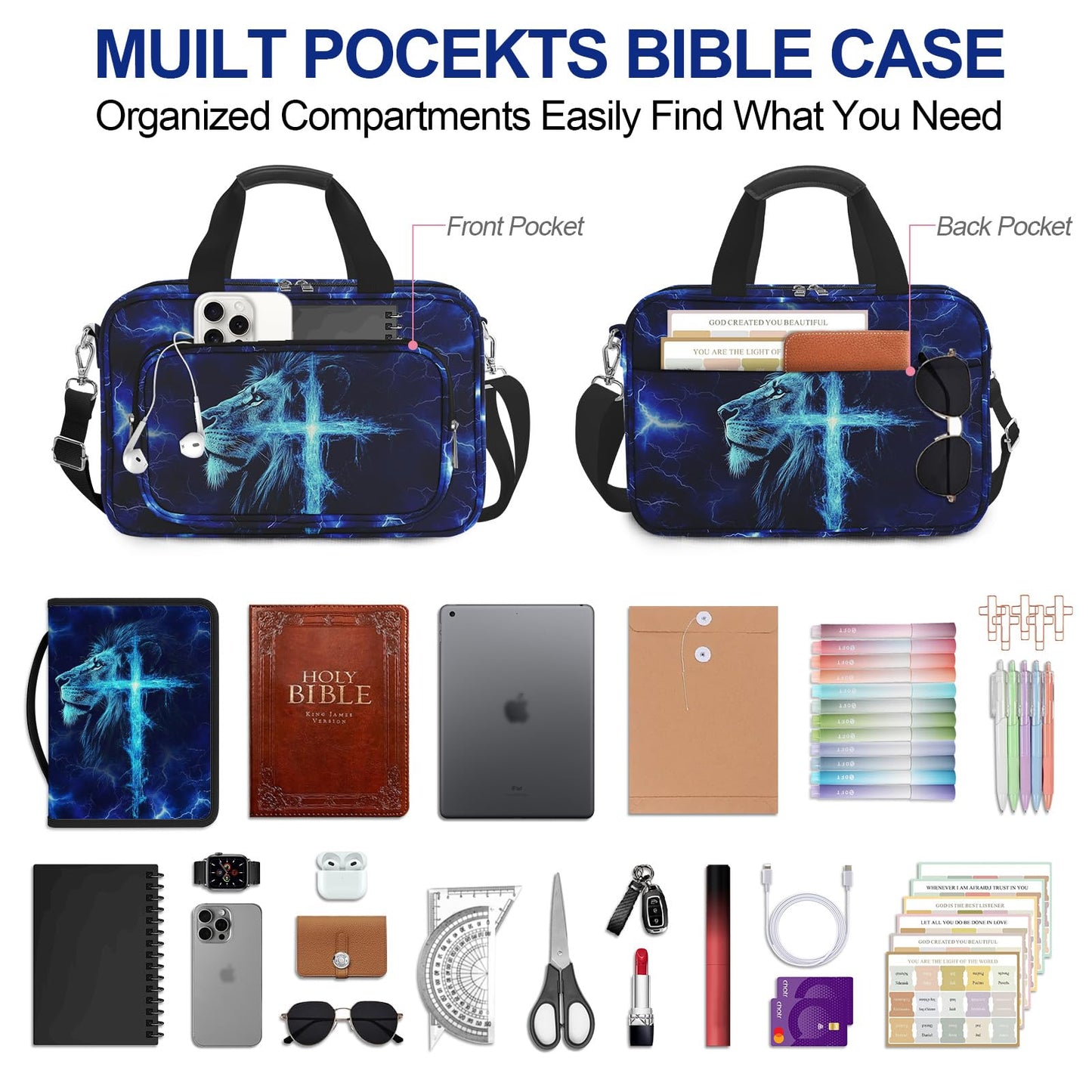 IBOVODI Lion Cross Large Bible Cover Case for Boys with Handle Zipper Pocket, Bible Study Supplies Journaling Kit Book Carrying Case with Pens Highlighters Cross Clips, Christian Gifts for Men Blue