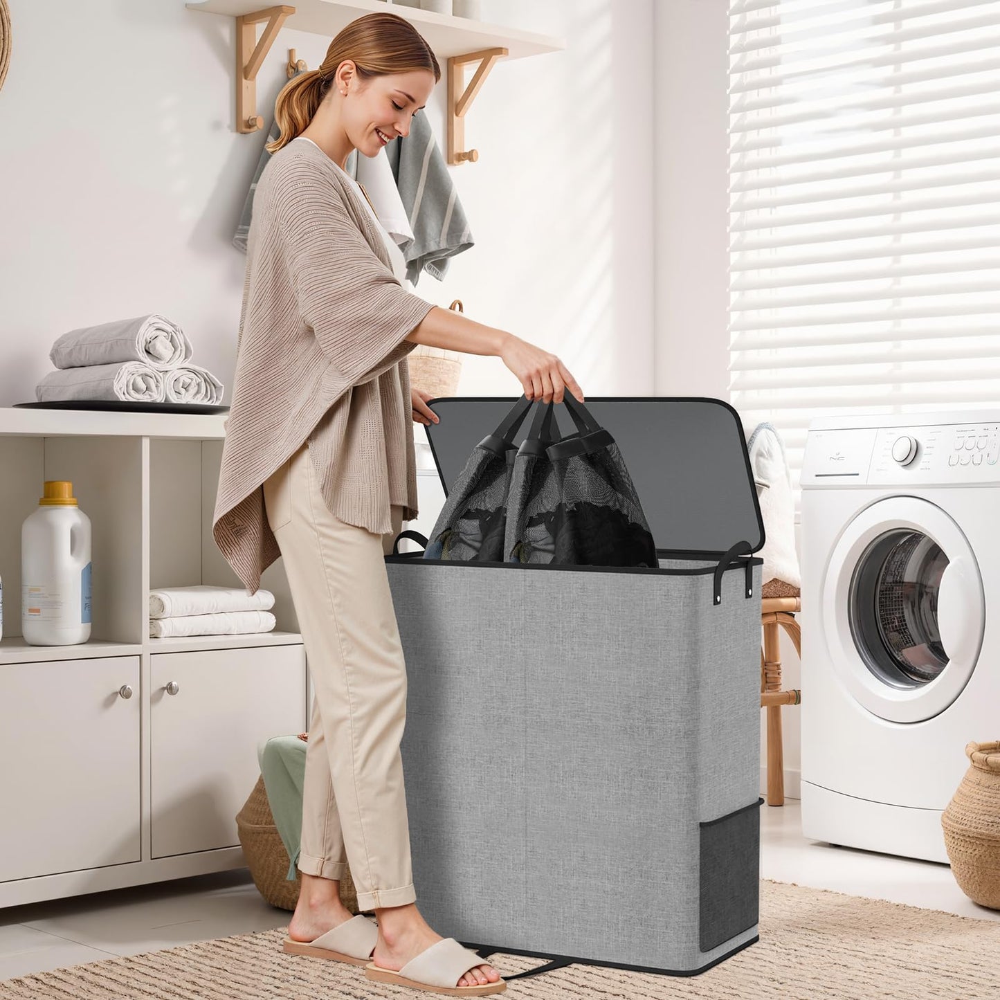 SmartTrends Large Double Laundry Hamper with Lid, Removable Bags & Reinforced Handles, 2 Section Tall Laundry Basket, Dirty Clothes Hampers for Laundry Room, Bedroom, Bathroom, Dorm, 136L, Gray