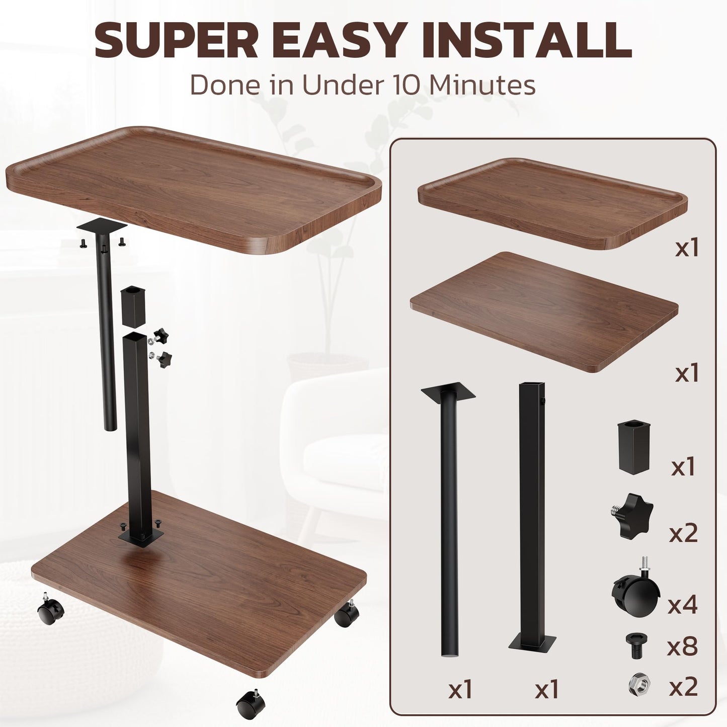 Large Size C Table End Table, Adjustable Height 360°Swivel TV Tray Table for Small Spaces, Couch Tables that Slide Under, C Shaped Side Tables for Couch,TV Dinner, Living Room and Bedroom (Walnut)