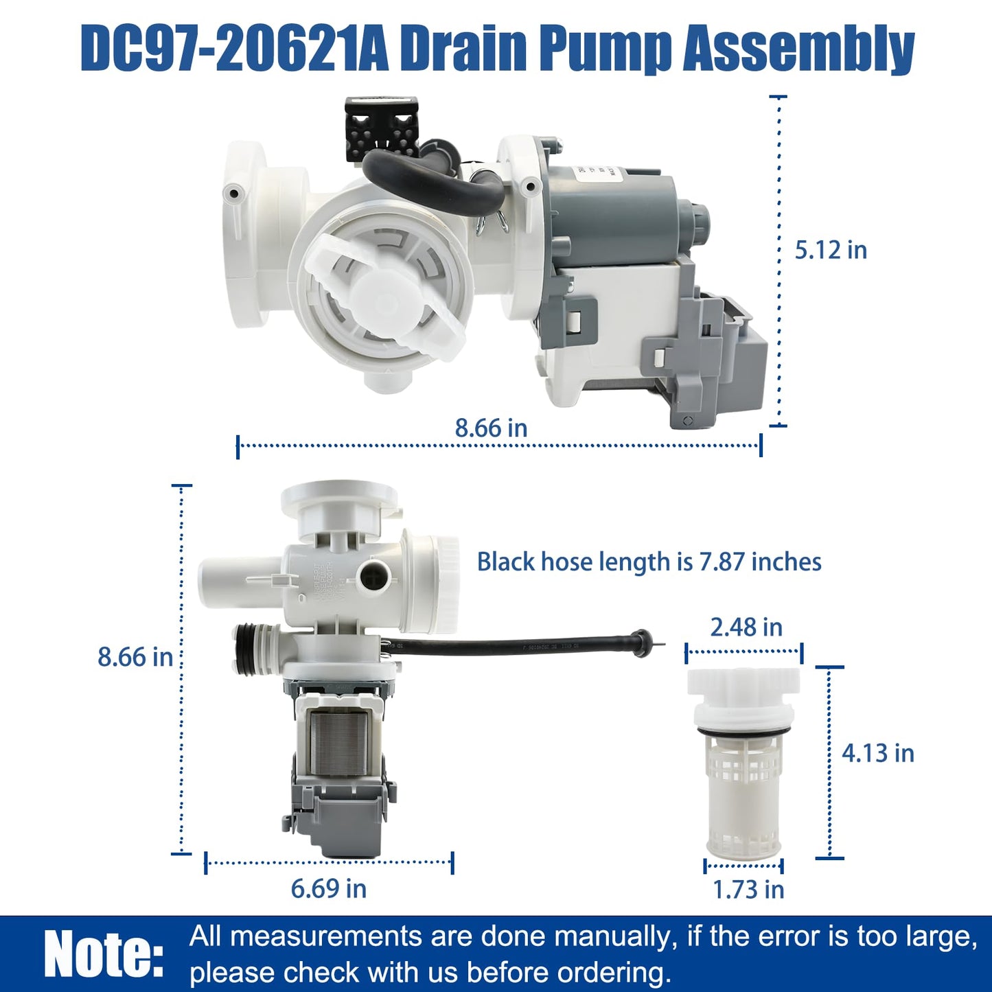 DC97-20621A, DC97-20621C, DC97-17999N Drain Pump Assembly(OEM) Compatible with samsung washer(some models), Replace Number: DC31-00187A, PX3516-01, AP6807020, 4959632, PS12592830, EAP12592830 etc