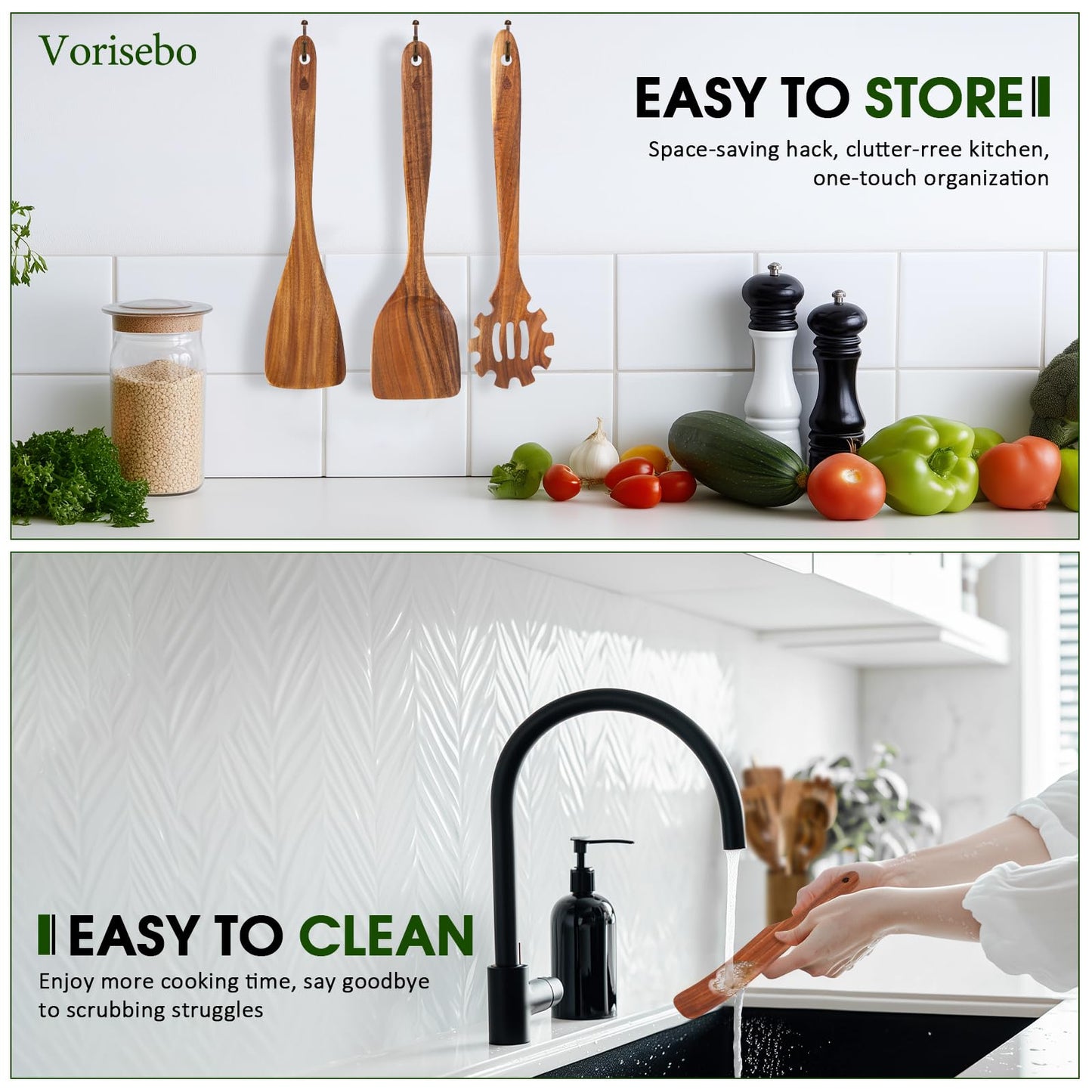 Vorisebo 12 Piece Wooden Spoons for Cooking, Natural Teak Wooden Utensils Set, Handmade Wood Kitchen Utensil Set with Holder and Spoon, Durable Nonstick, Comfort Grip Wood Cookware Tool