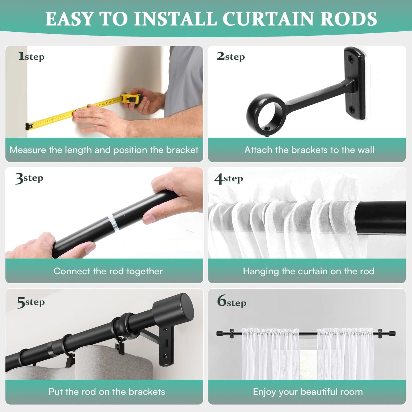 Curtain Rods for Windows 120 to 170 Inches Long, Adjustable 1 Inch Black Curtain Rod for Outdoor Indoor, Modern Heavy Duty Drapery Rod, Ceiling Mount 14ft Room Divider, All Metal, Easy Install