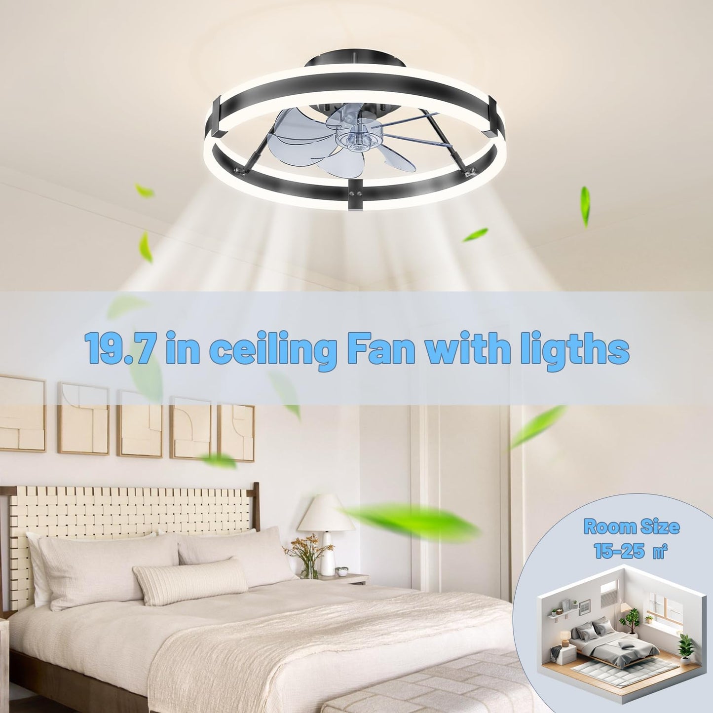 19.7" Low Profile Bladeless Ceiling Fan with Lights & Remote -Flush Mount Fandelier Light Fan for Bedroom/Kitchen, 3000-6000K Dimmable LED, 6-Speed Modern Fan with Lights for Home/Office