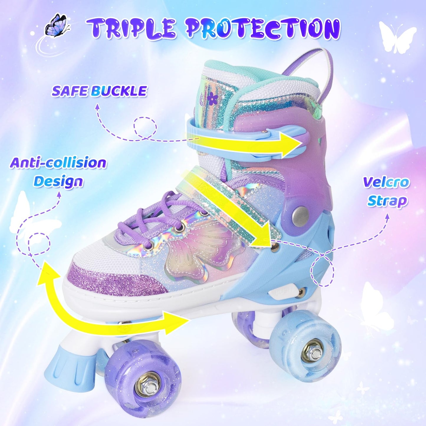 MammyGol Kids Roller Skates for Girls or Boys, 4 Size Adjustable Roller Skates for Children with Beautiful Butterflies, Beginner Kids Light up Roller Quad Skates Indoor Outdoor (Purple)
