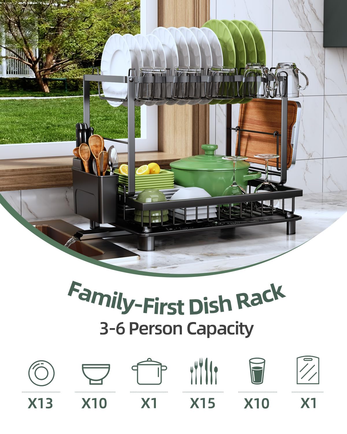 Nfnoyp Dish Drying Rack, 2 Tier Space-Saving Dish Rack, Multifunctional Dish Drainer for Kitchen Counter with Drainboard/Utensil/Cup Holder Rustproof Carbon Steel, Black