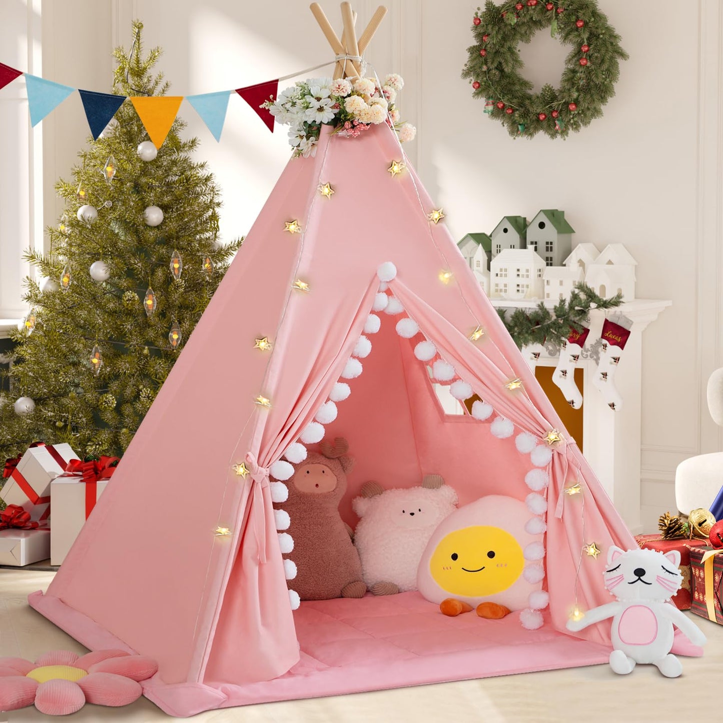 WIRHAO Teepee Tent for Kids with Padded Mat Cotton Canvas Kids Tent with Pompom for Toddlers Indoor Play Tent for Girls Boys with Stars Lights, Carry Bag, Banner Flag (Pink)