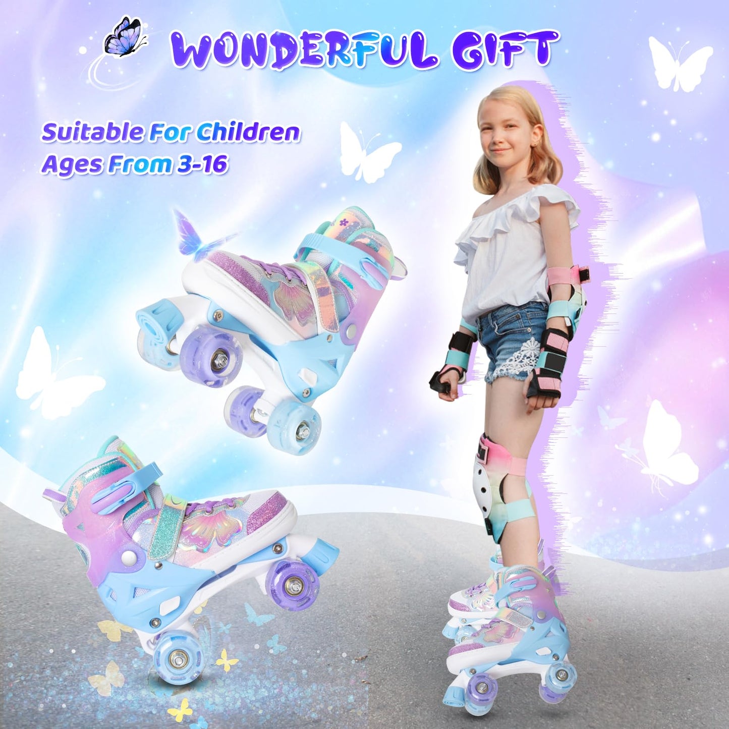 MammyGol Kids Roller Skates for Girls or Boys, 4 Size Adjustable Roller Skates for Children with Beautiful Butterflies, Beginner Kids Light up Roller Quad Skates Indoor Outdoor (Purple)