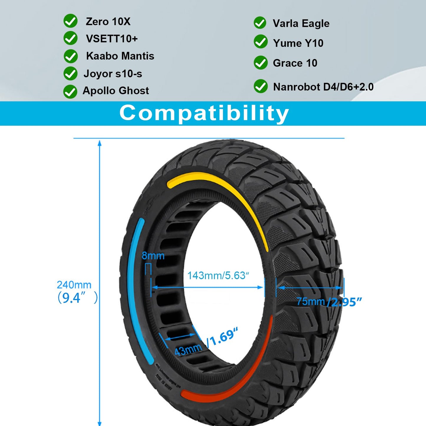 10x3 InchElectric Scooter Solid Tire, 80/65-6 commuter Tubeless Tyre, 255x80 Replacement wheel For Zero 10X& Vsett 10+& Kaabo Mantis& & Nanrobot D4/D6+2.0&Joyor s10-s& Apollo Ghost& Yume Y10(1PCS)