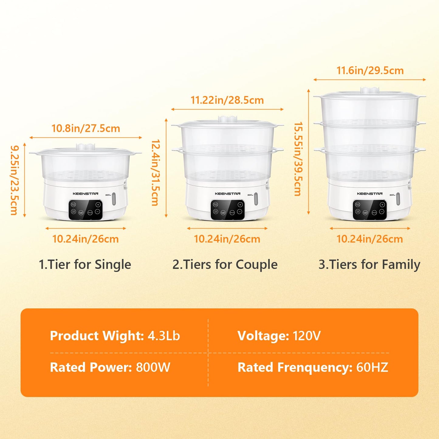 Electric Food Steamer, 13.7QT Vegetable Steamer with Stackable 3 Tiers BPA-Free Baskets, Digital Steamer with Appointment and Timer, 800W Simultaneous Cooking, Ideal for Veggies Seafood Rice White