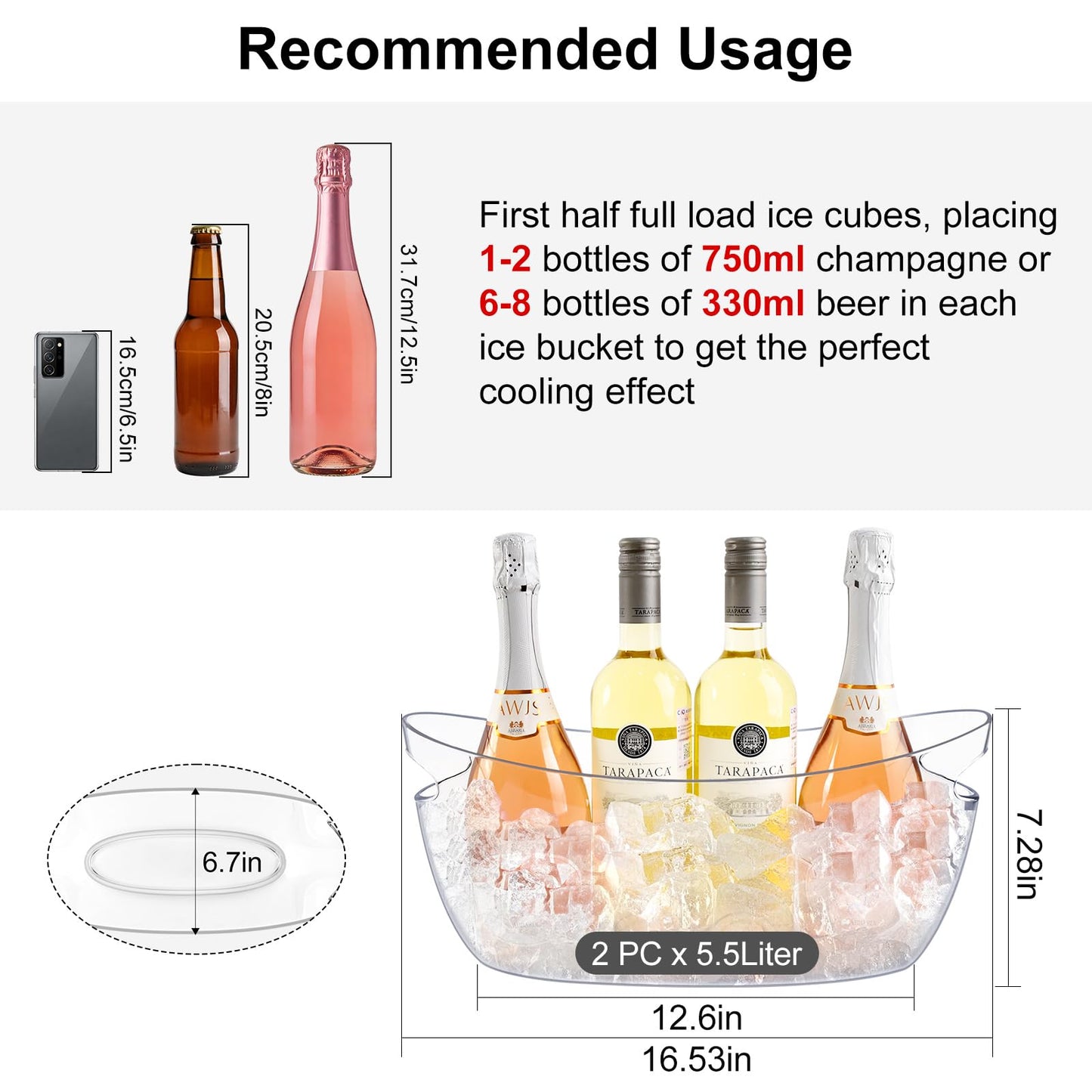 Ice Buckets for Parties 2 Packs,Ice Bucket with Scoops&Metal Wine Bottle Opener,Clear Acrylic Ice Champagne Buckets Tub for Parties,Mimosa Bar Supplies,Beer,Beverage&Drinks 5.5L (16.53 x 7.3 x 6.8in)