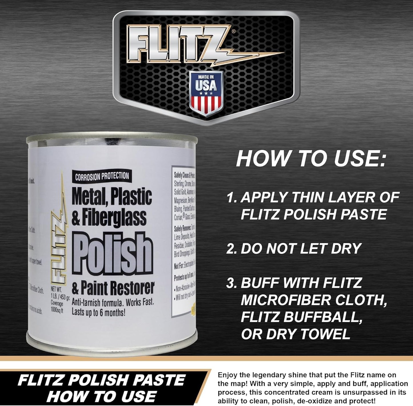 Flitz Metal Polish Paste - 1lb Can of USA-Made Polish for Solid Chrome, Stainless Steel, Aluminum- Non-Abrasive for Light Oxidation - Requires Manual Buffing - Not for Plated/Coated Surfaces (1 Pack)