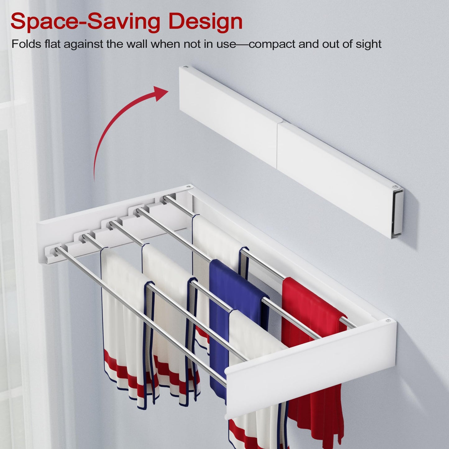 SOLVESTIS Wall Mounted Drying Rack 23.6", Foldable Laundry Drying Rack with Stainless Steel Rods, Retractable Laundry Space Saver for Indoor & Outdoor Use, Include Wall Template