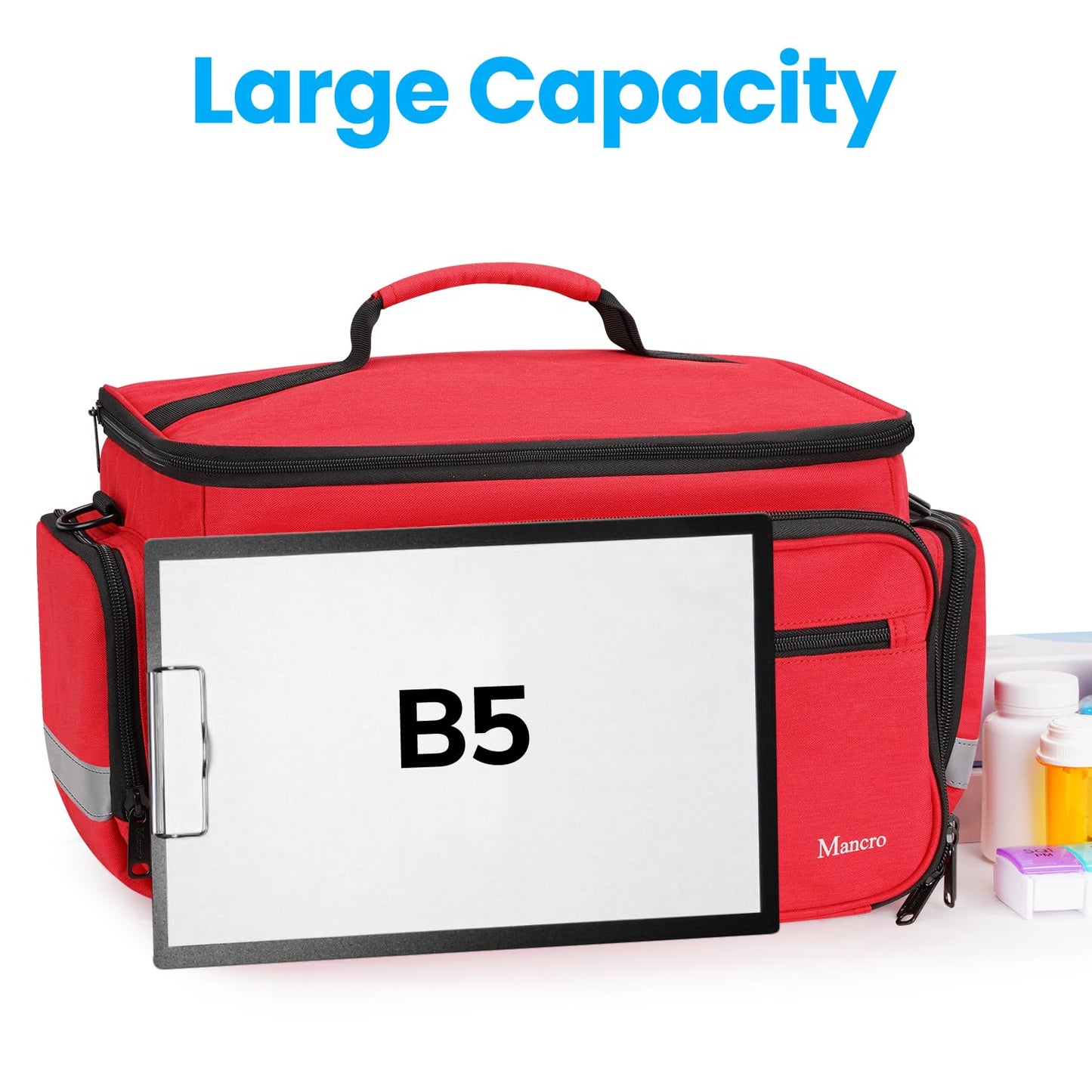 Mancro Medical Bags, Large Medication Storage Empty, Water Resistant Pill Bottle Organizer for Home, First Aid Responder Bag, Nurse Gifts, Red Medical Supply Organizer