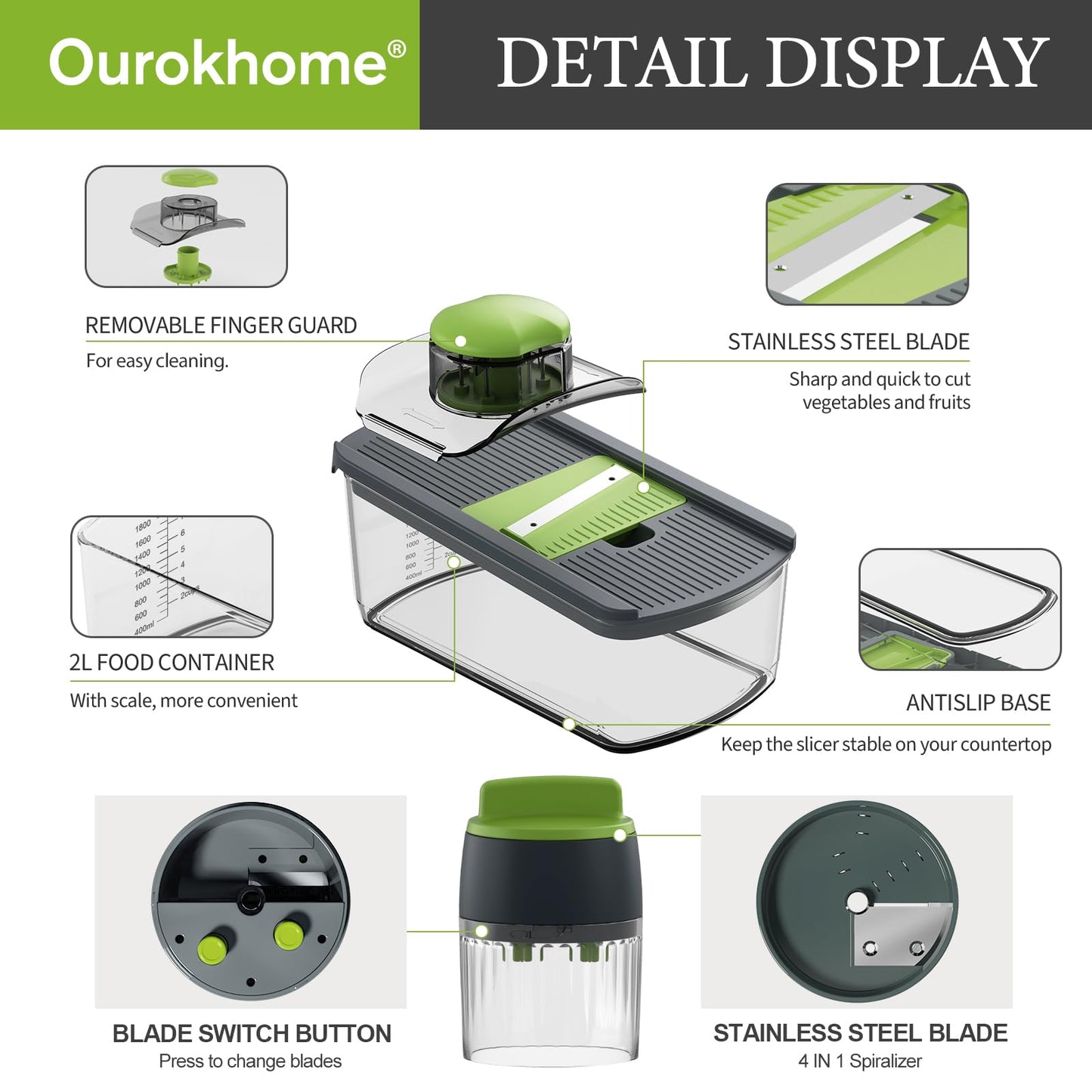 Ourokhome Mandolin Slicer with Handheld Spiralizer, Hand Safe Vegetable Shredder with 6 Mandoline Blades, Veggie Waffle Cutter for Potato, Carrot, Zucchini, Essential Kitchen Gadgets (10 in 1, Gray)