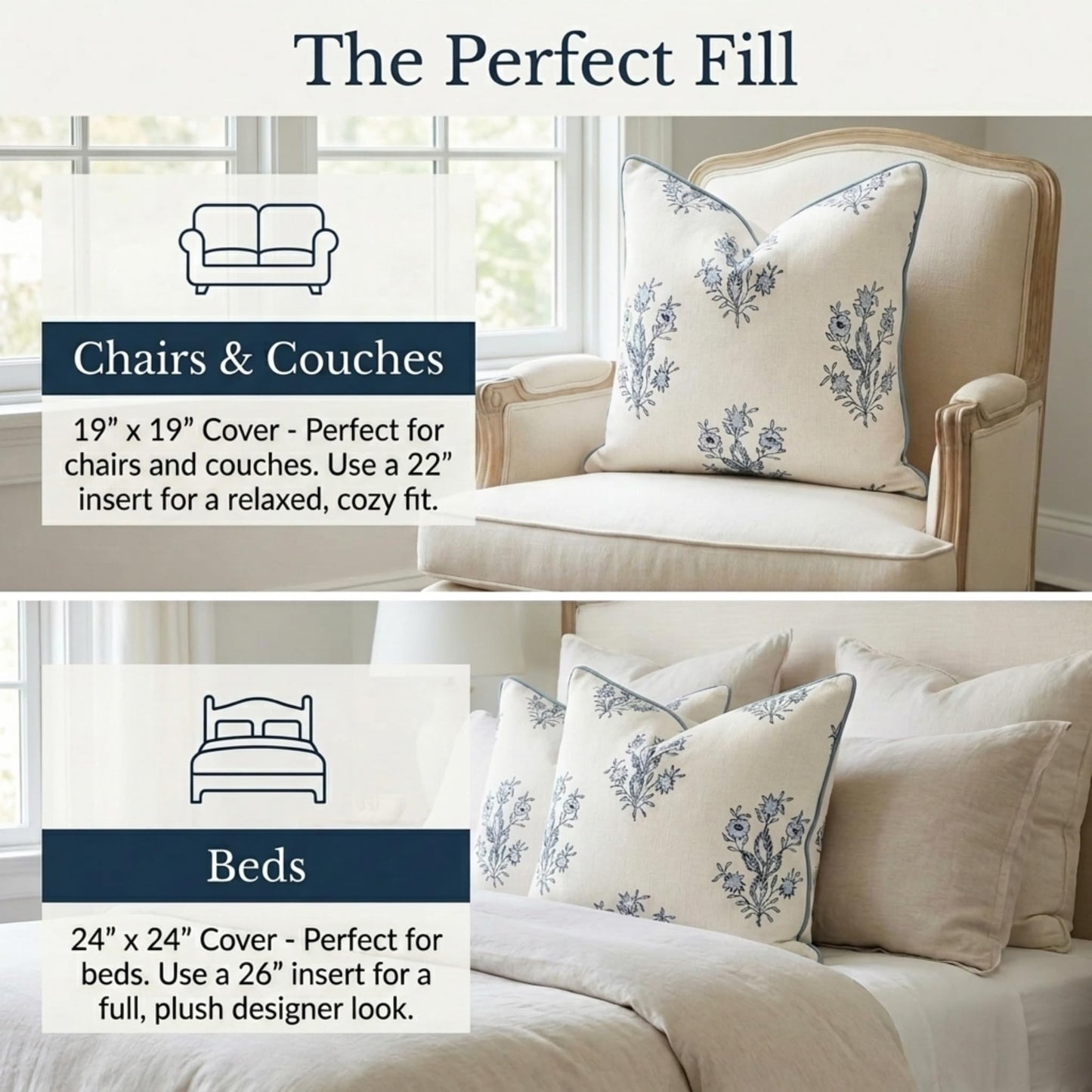 Jillien Harbor “The Mary” Blue and White Decorative Throw Pillow Cover – Floral Block Print Pillow Cover – Grandmillennial Home Decor, 19" x 19"