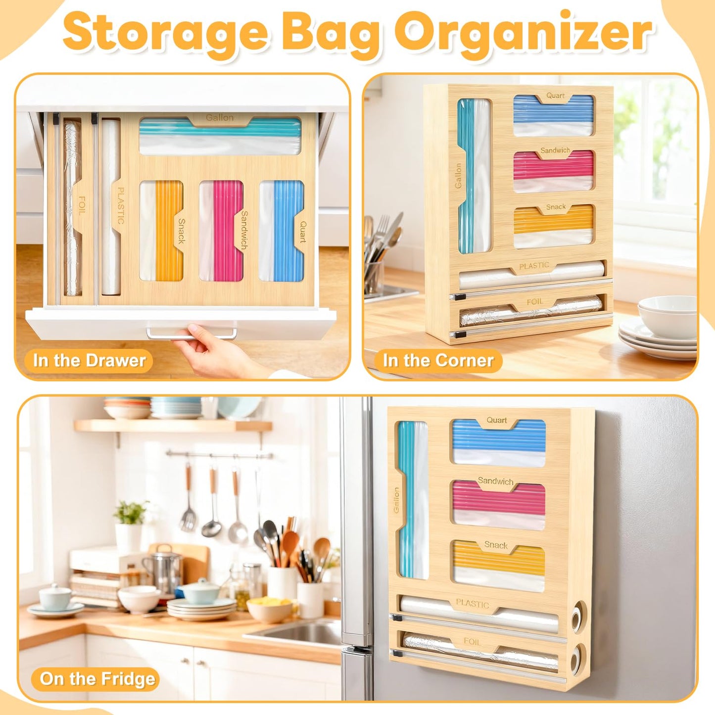 BSHSPX Magnetic Storage Bag Organizer 6 In 1 Ziplock Bag Organizer for Fridge and Drawer, Foil and Plastic Wrap Organizers with Cutter, Food Storage Bags Organizers for Gallon Quart Sandwich Snack