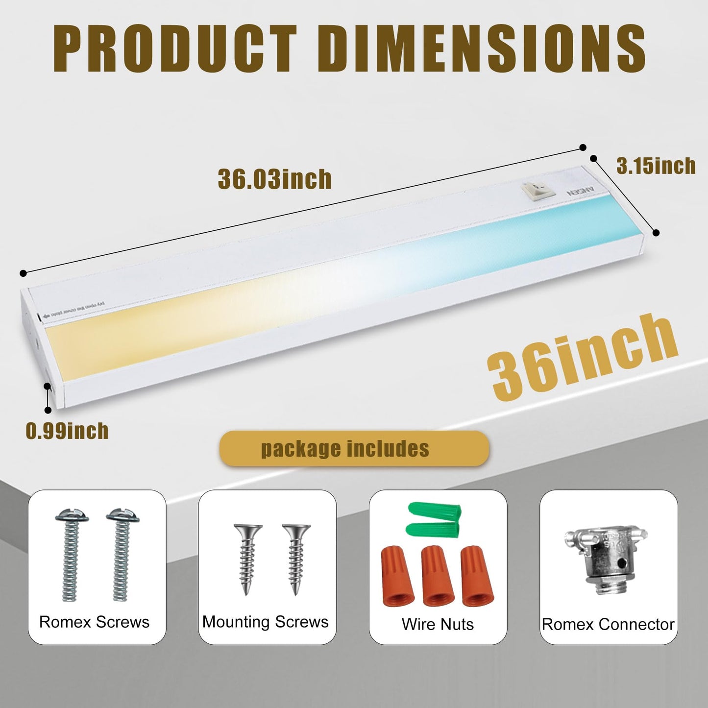 Ansen Hardwired Under Cabinet Lighting, 36in 22W LED Light for Kitchen/Closet, 1426lm, CRI>92, R9>90, Dimmable, 5 Color Temperature, 2700K-5000K(Warm White, Cool White, Daylight)