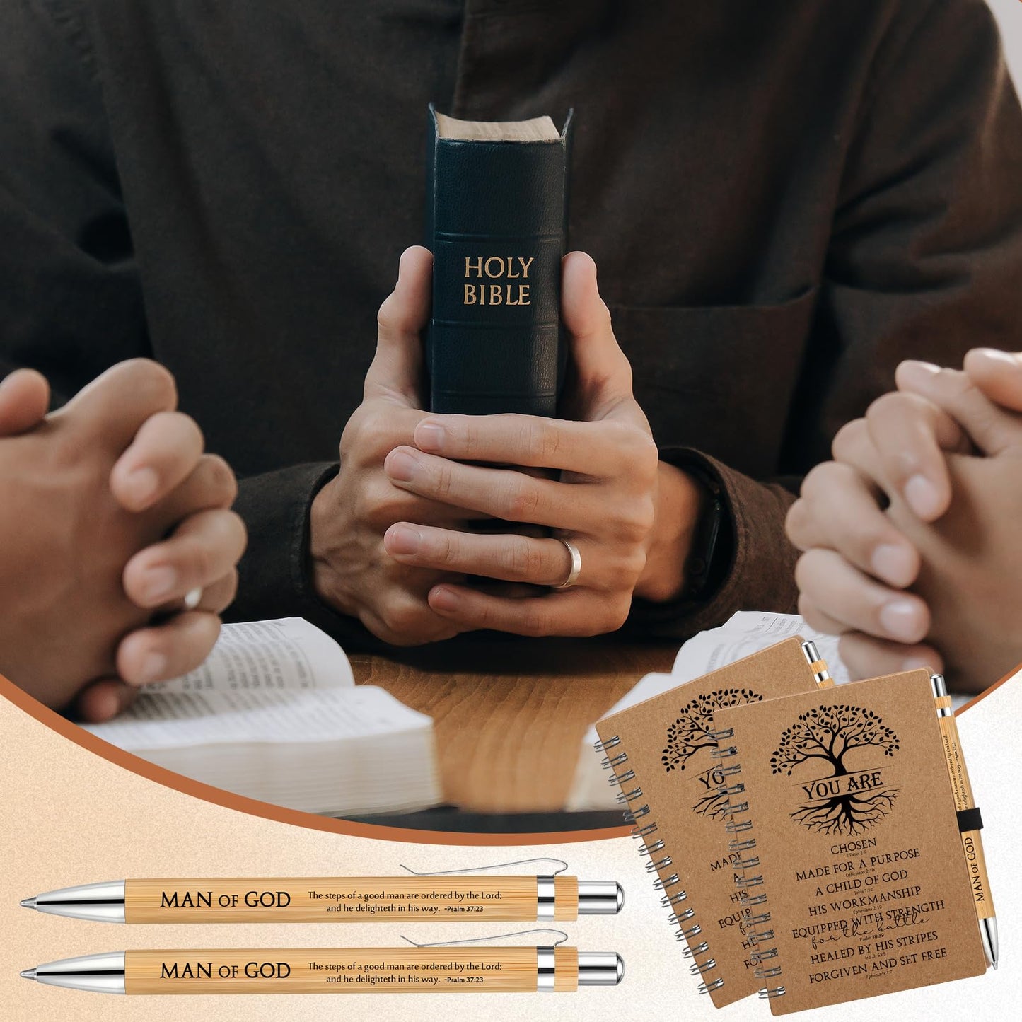 Sayglossy 50 Sets Man of God Gifts for Men Christian Fathers Day Spiral Kraft Notebooks and Bamboo Pens Bible Study Supplies Religious Gifts for Church Office Employee Coworker