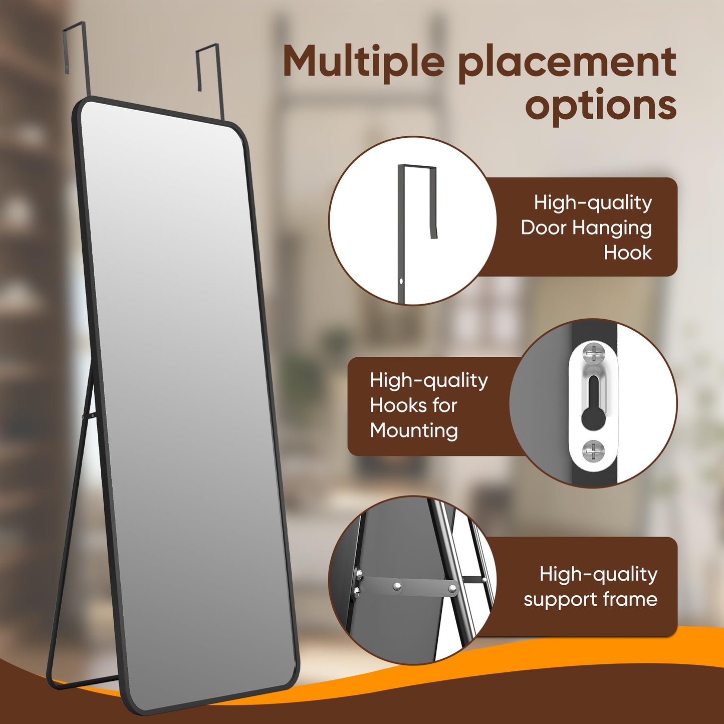 Antok 48''x 14'' Full Length Mirror Over Door, 4-in-1 Standing Leaning Wall Mounted, Adjustable Hanging Mirror for Bedroom Living Room, Black, Rounded Corner