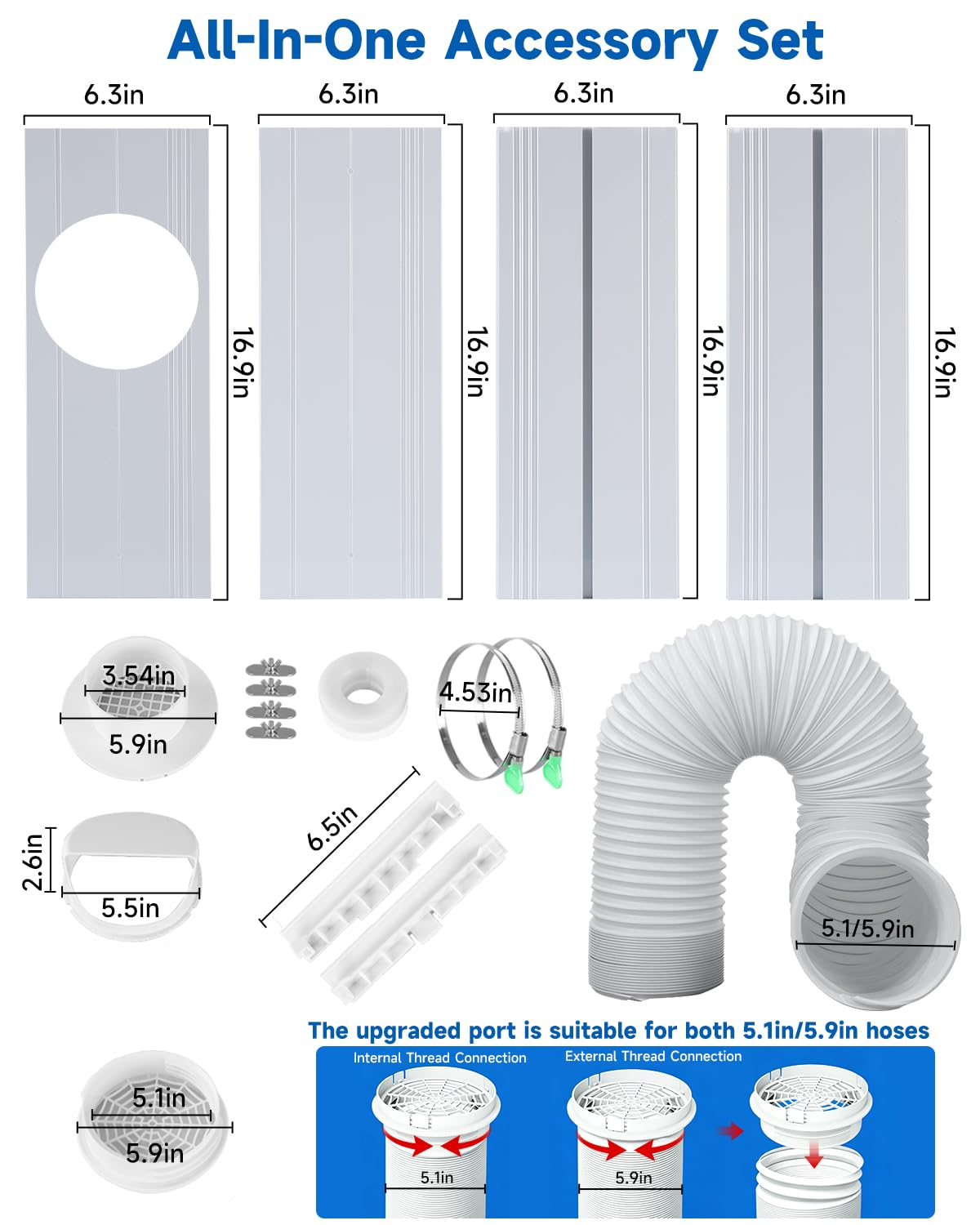 2026 Upgraded Portable Air Conditioner Window Kit with Exhaust Hose, Universal 4.0/5.1/5.9 Inch Seamless Window Vent Kit for AC & Dryer, 17" to 60" Adjustable Window Seal kit with Rain Guard & Mesh