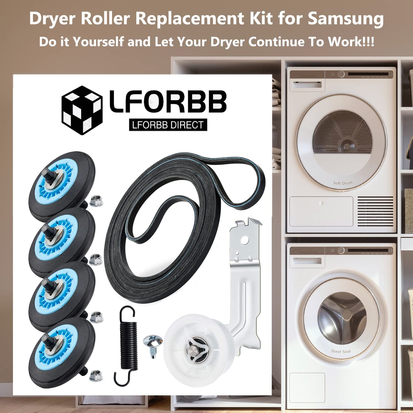 【Upgraded】Dryer Roller Replacement Part for Samsung DV42H5000EWA3 DV45H7000EWA2 DV48H7400EWA2 DV42H5200EPA3 DV40J3000EWA2, DC97-16782A Dryer Roller DC93-00634A Idler Pulley 6602-001655 Dryer Belt Kit
