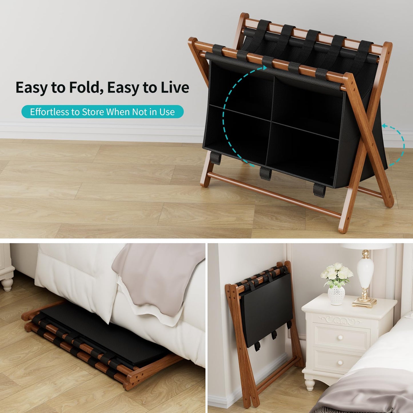 MHACVVO Bamboo Luggage Rack with 4 Storage Compartments, Foldable Suitcase Stand for Guest Room, 150lbs Capacity, Sturdy, Space-Saving and Easy to Assemble Organizer
