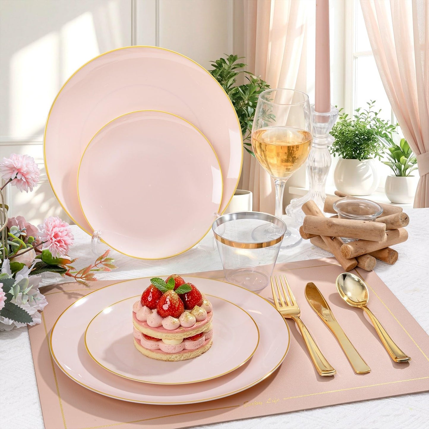 WDF 300Pcs Pink Plates Disposable - Pink and Gold Plastic Dinnerware Set for 50 Guests Include 50 Dinner & Cake Plates & 50 Disposable Cutlery & 50 9oz Cups for Wedding/Baby Shower/Birthday
