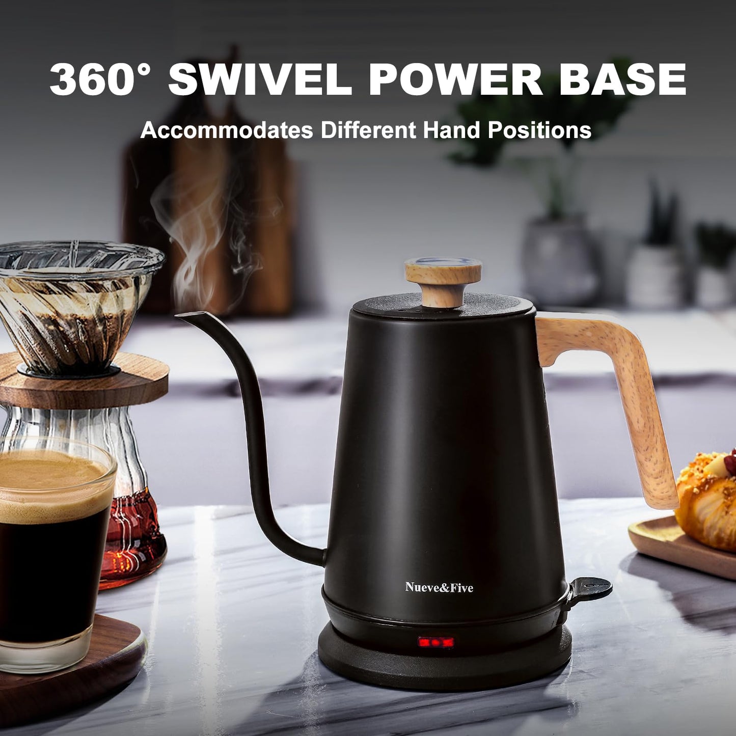 Nueve&Five Gooseneck Electric Kettle with Thermometer, Black Electric Kettle 1L with Auto Shut-Off,1000W Hot Water Kettle of Stainless Steel, Pour Over Kettle for Coffee & Tea