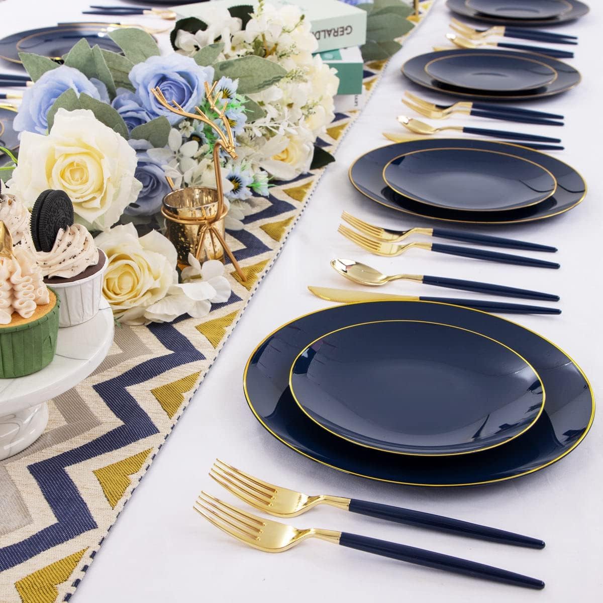 Liacere 150PCS Blue Plastic Plates - Gold Plastic Silverware with Blue Handle - Navy Disposable Plates Include 30 Guests Plates,Forks,Spoons,Knives for Party & Graduation & Independence Day