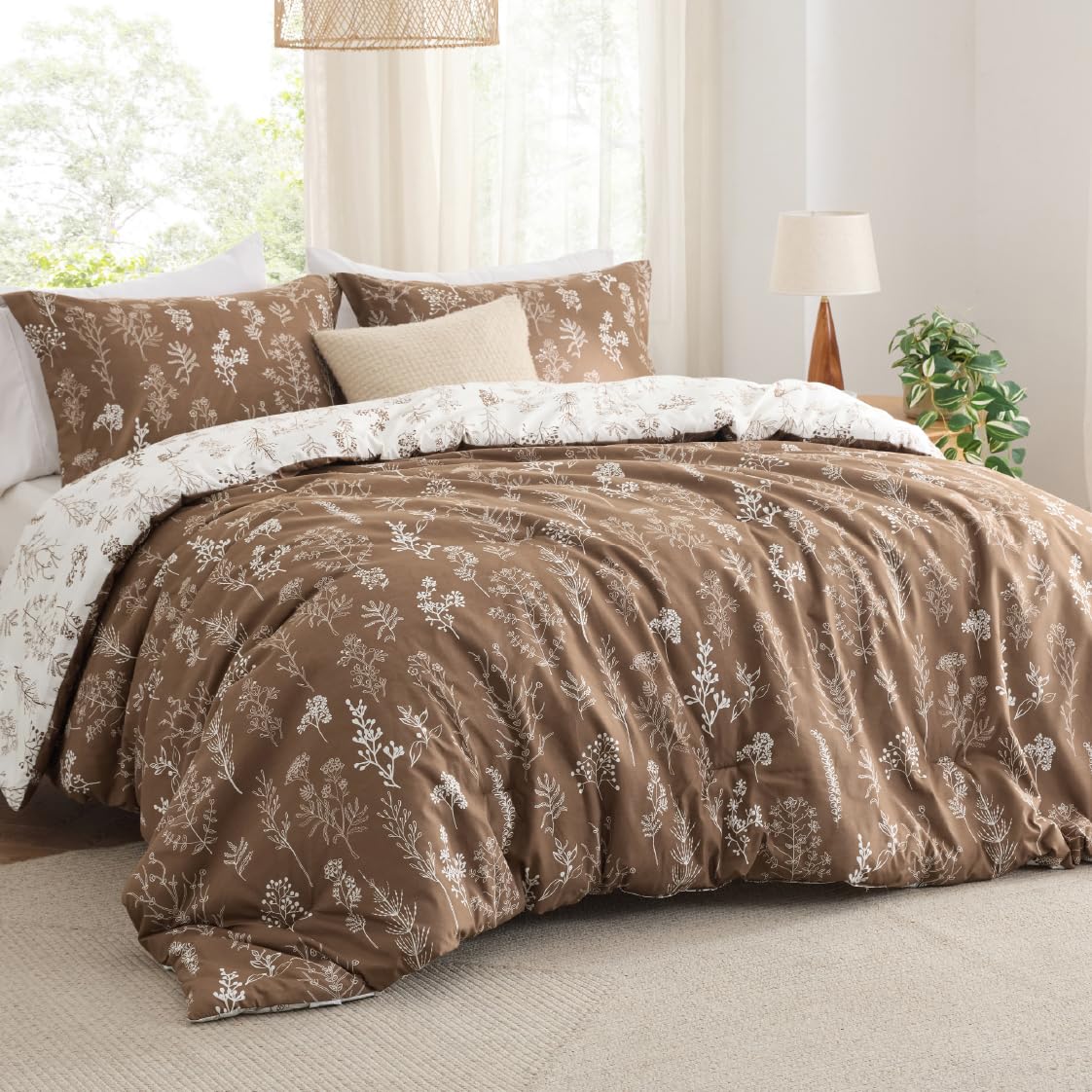 Bedsure Queen Comforter Set - Dark Brown Bed Set, 3 Pieces Cute Floral Bedding, 1 Soft Reversible Botanical Flowers Comforter and 2 Pillow Shams