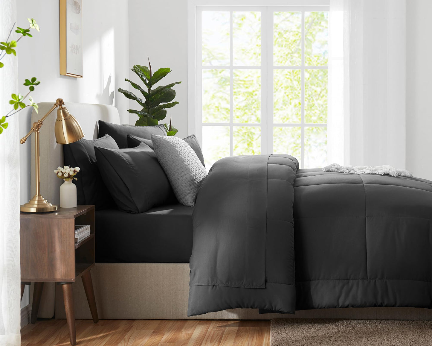 CozyLux Queen Comforter Set Dark Grey, 7 Pieces Bed in a Bag, Dark Gray Comforter Queen Size, All Season Bedding Sets with Stitch Quilted Comforter, Flat Sheet, Fitted Sheet, Pillowcases