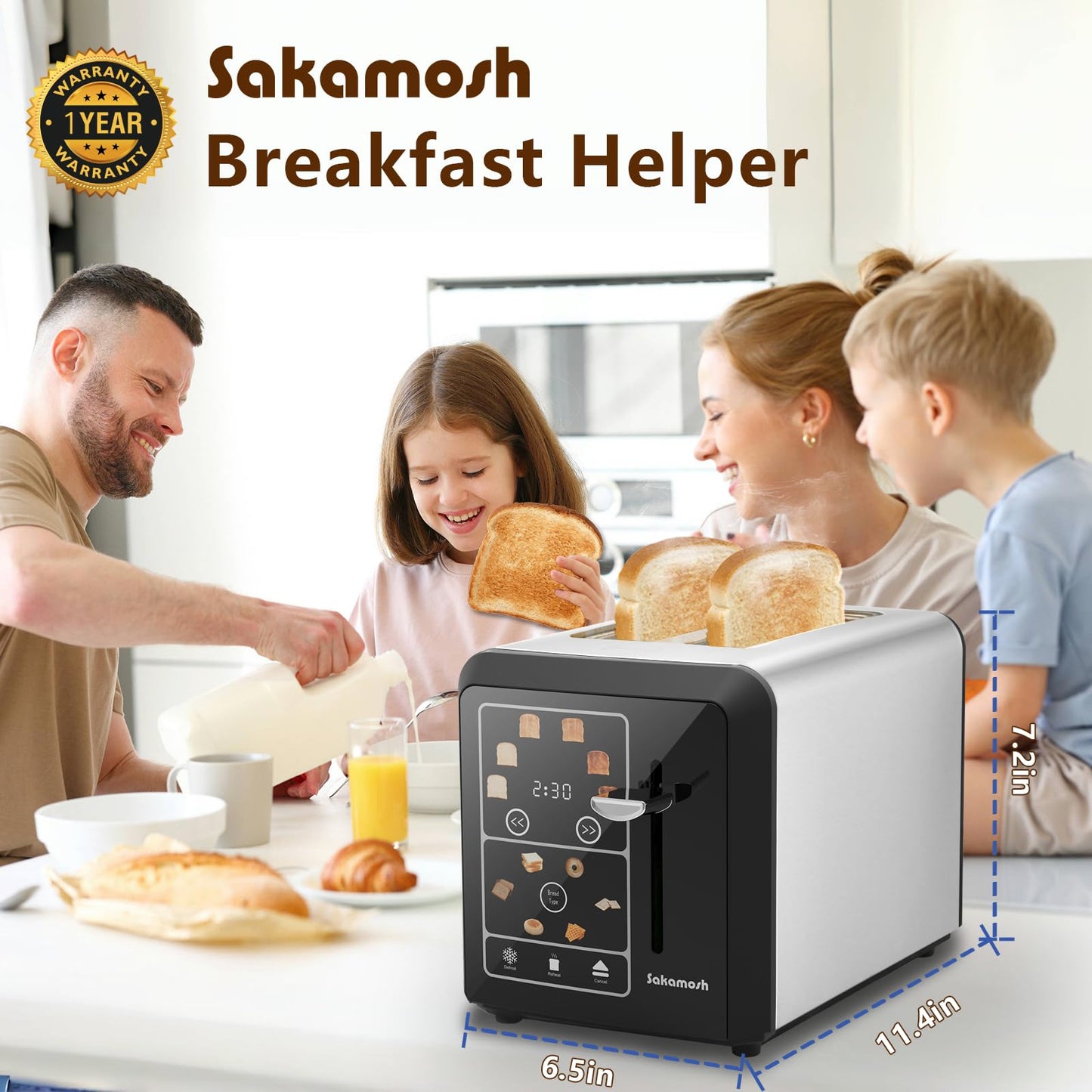 SAKAMOSH Smart Toaster 2 Slice, Touch Screen, Digital Toasters with 6 Browning Levels & 6 Bread Types, Bagel, Extra Long Wide Slots, Memory Function, Timer, 800W, Stainless Steel