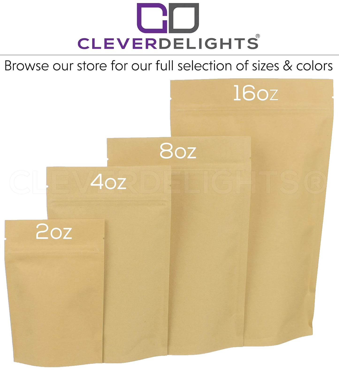 CleverDelights Kraft Stand Up Pouches - 8oz - 100 Pack - 6" x 9" x 3"