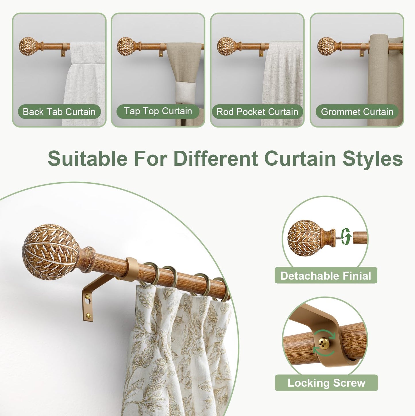 QDWIS 2 Pack Wood Curtain Rods for Windows 28 to 48 Inch,1'' Diameter Drapery Rods with Imitation Wood Grain Leaf Pattern Finials,Boho Adjustable Heavy Duty Curtain Rods Set,18-60'',Color:Natural Wood