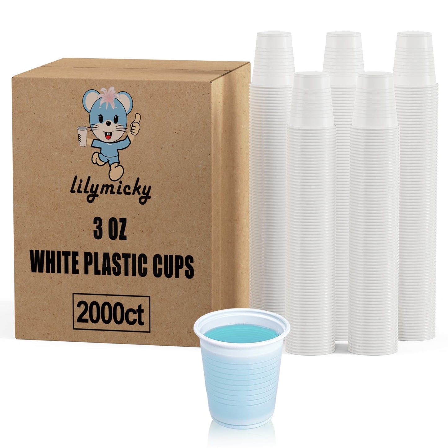 Lilymicky 2000 PACK 3 oz White Plastic Cups, 3 Ounce Disposable Plastic Bathroom Cups for Tasting, Drinking