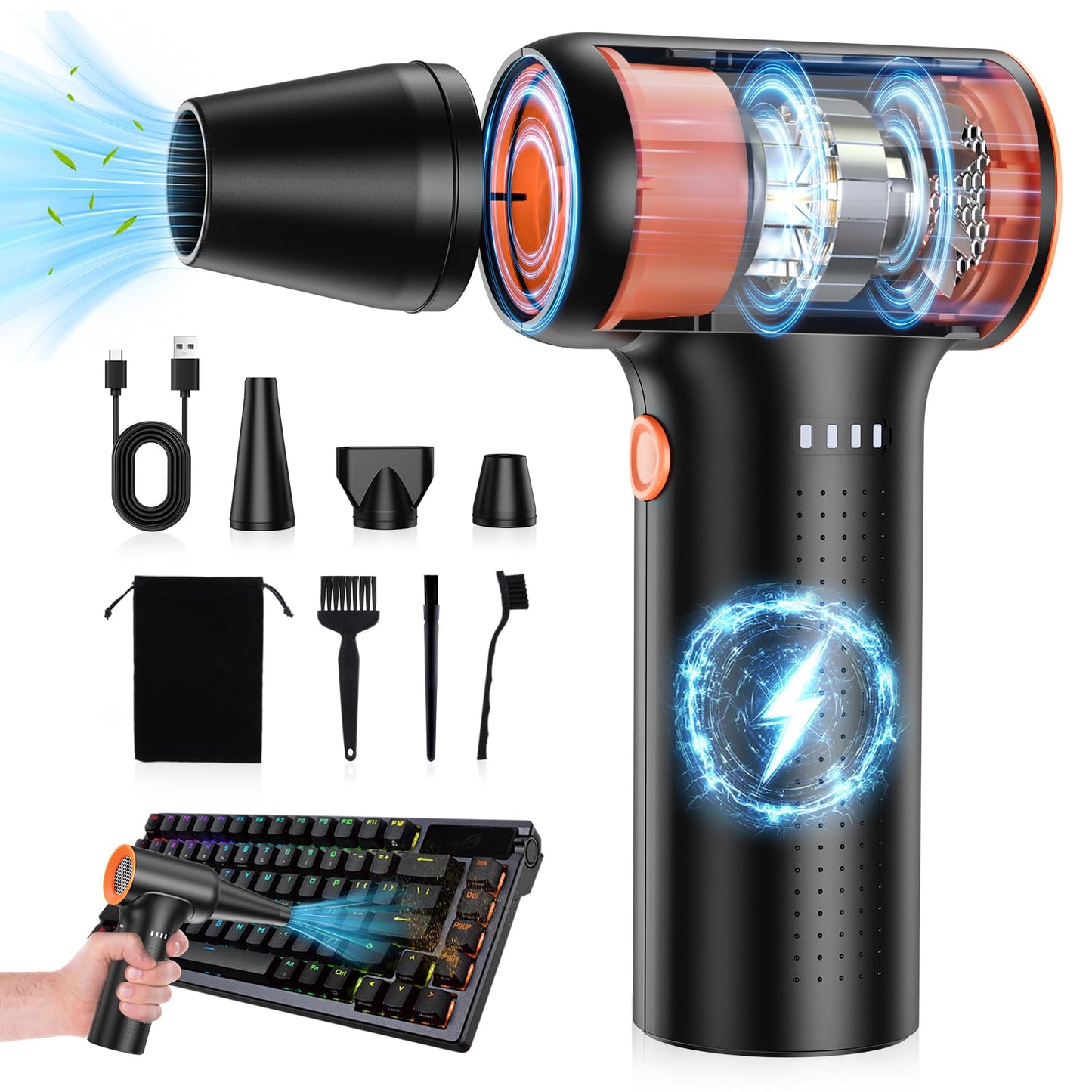 10000mAh Compressed Air Duster,300000RPM Super Power Electric Air Duster,Cordless Rechargeable Air Duster Turbo Blower Jet Fan Replace Canned Air 3-Gear Mini Air Blower for Pc,Computer, Keyboard, Car