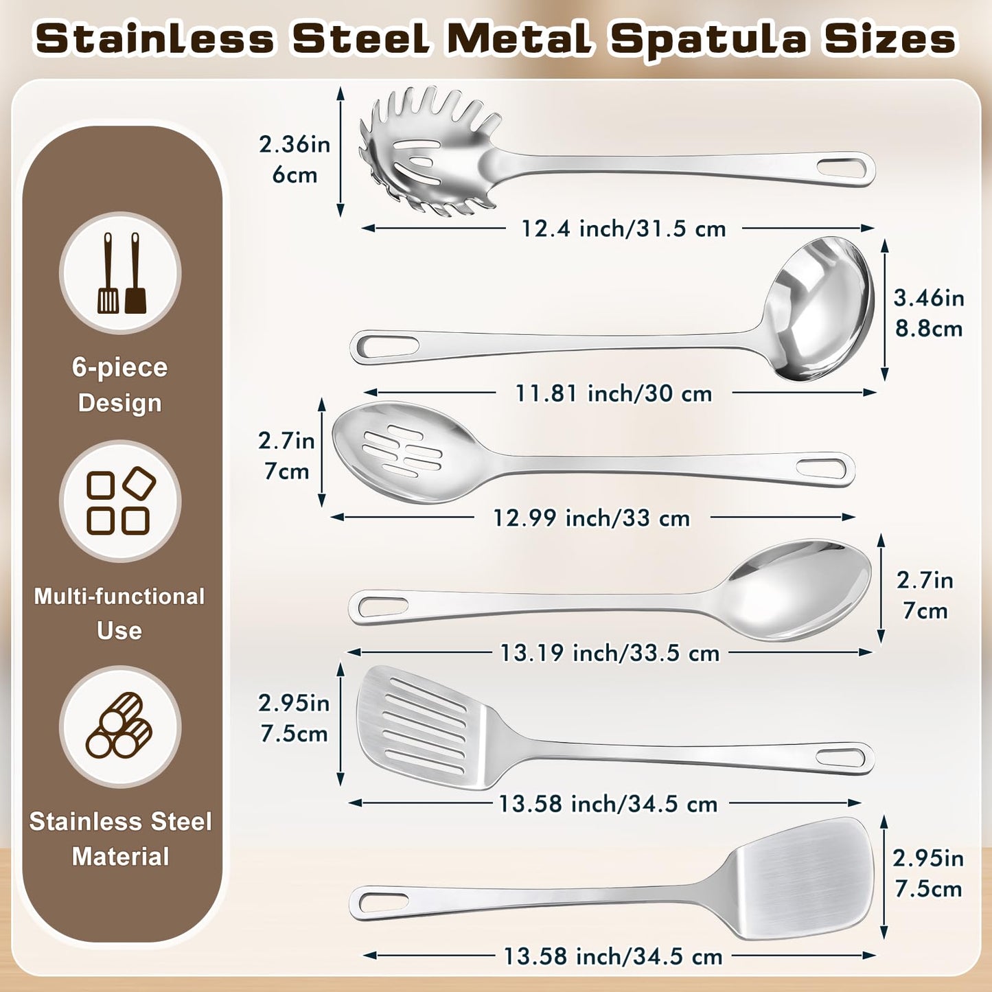 6 Pcs Cooking Utensils Set, Stainless Steel Kitchen Utensils, Heat Resistant Metal Kitchen Tools Include Solid & Slotted Turner Wok Spatula, Serving Spoon, Ladle, Pasta Server, Easy to Clean, Silver