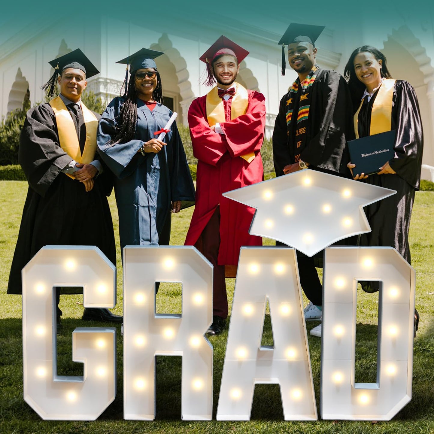 2026 Graduation Party Decorations - 2.3FT Pre-Cut GRAD Marquee Letters Sign with Light - Mosaic Foam Board Includes Glue Gun Balloons for Kindergarten Preschool College Prom