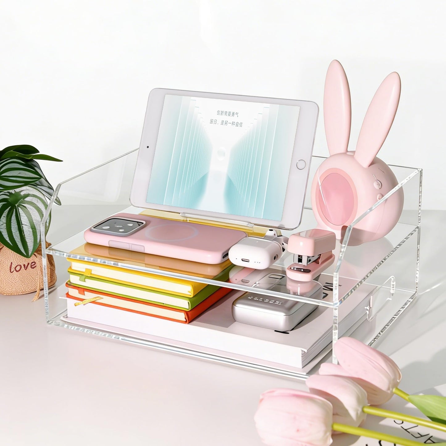AIMOLLY Paper Tray Organizer for Desk, 2 Tier Acrylic Desk Organizers and Accessories, One-Piece Integrated A4 Paper Organizer with Handles, Crystal-Clear Letter Tray & Compact Office File Holder