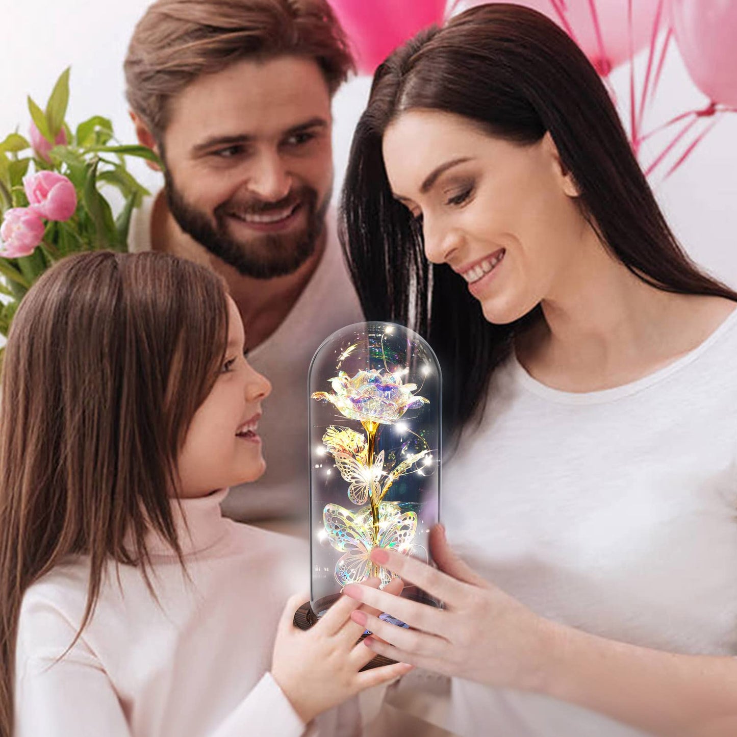 WOKEISE Light Up Rose Butterfly in Glass Dome, Mothers Day Rose Gifts for Mom, Birthday Anniversary Flowers Lighted Roses Gifts for Women,Wife,Mom, Grandma,Girlfriend,Girls,Sister-Silver
