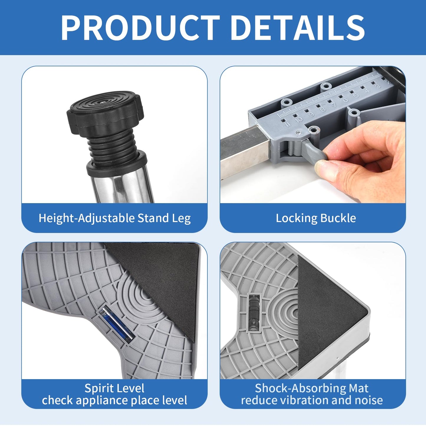 HurOutd Mini Fridge Stand with Silicone Mat, Adjustable Refrigerator Stand with 4 Stainless Steel Feet (9"-10.2" High), Suitable for Small Refrigerators, Portable Compact Washer or Dryer