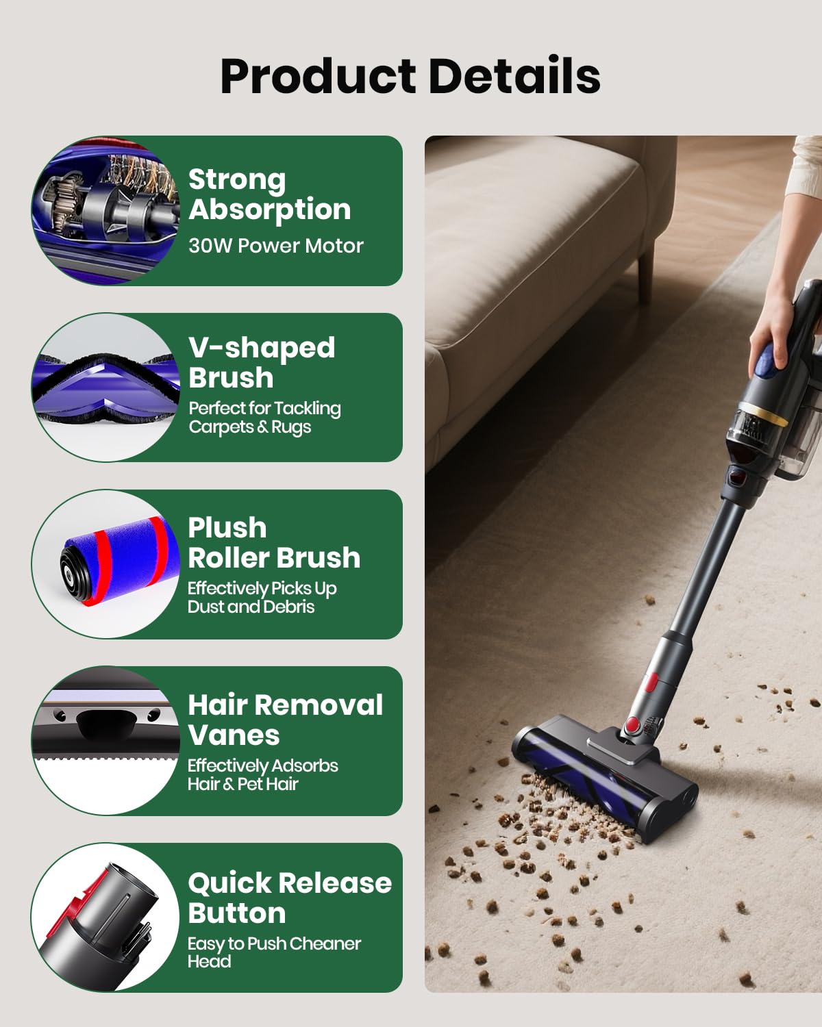 Upgraded 2 Brushes Vacuum Head Replacement for Dyson V7/V8/V10/V11/V15/SV10/SV11/SV12/SV14/SV15/SV22((Not for Slim) | Anti-Tangle Motorhead with LED Light | Quick-Release Cordless Vacuum Cleaner Head