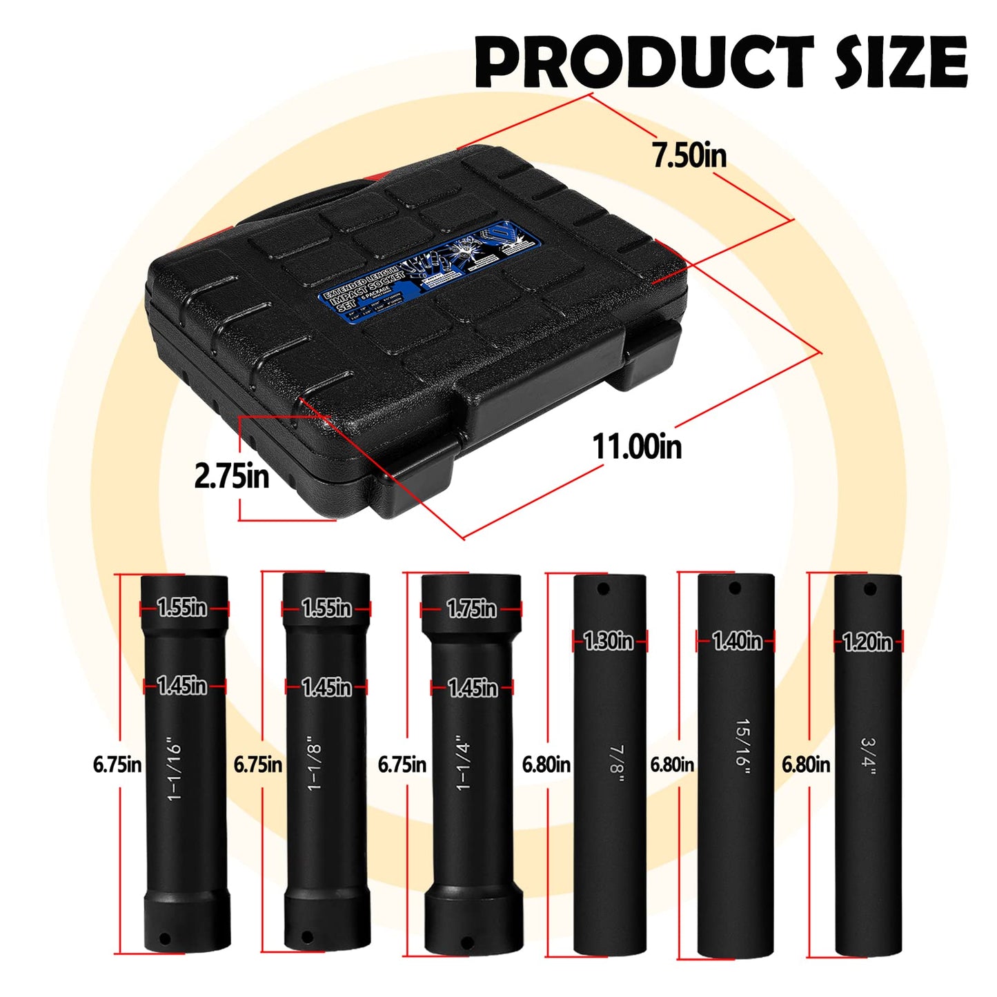 1/2 Inch Drive Extended Length Impact Socket Set 6 Sizes - Hex Sizes 3/4", 7/8", 15/16", 1-1/16”, 1-1/8", 1-1/4"Extra-Deep Length Extra-Deep Impact Set Heavy Duty with Case