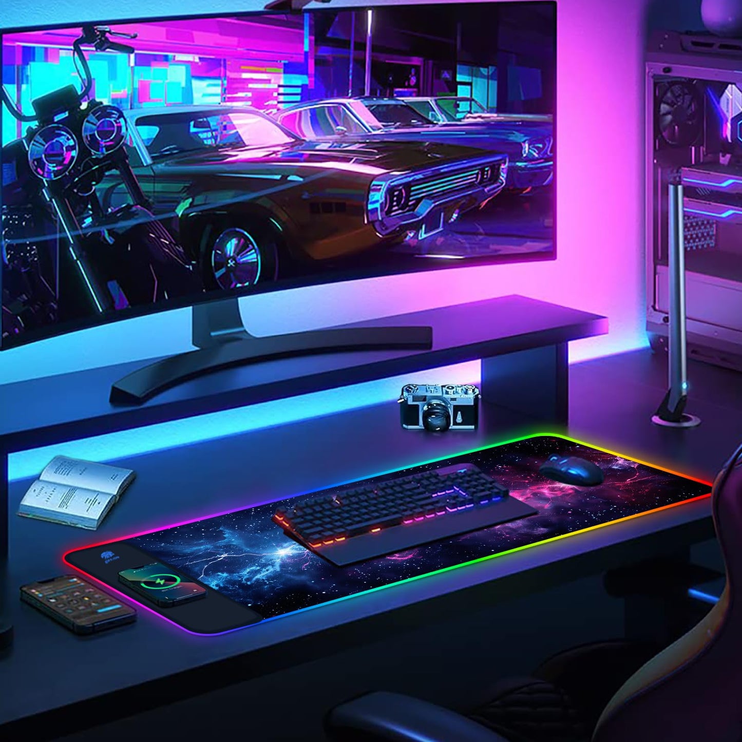 AIMSA RGB Gaming Mouse Pad with Wireless Charging, Large Keyboard Mouse Pad with 14 LED Light Modes, Non-Slip Rubber Base Waterproof Desk Pad for Home Office Decor, Blue Purple Cosmic Nebula
