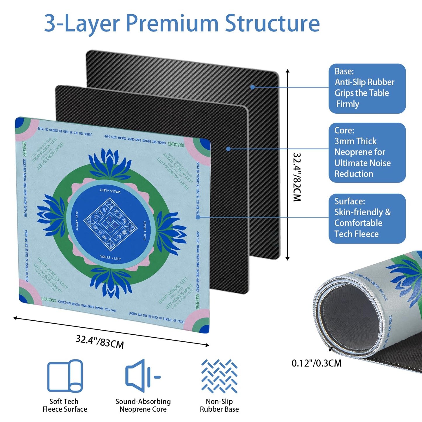 Mahjong Mat with Tech Velvet, Machine Washable, Noise Reduction,Anti Slip, and Crease-Free, Soft Touch, Game Rule, with Carrying Bag: 32.4 Inch Game Mat for Poker, Board, Tile, and Dominoes (L-Blue)