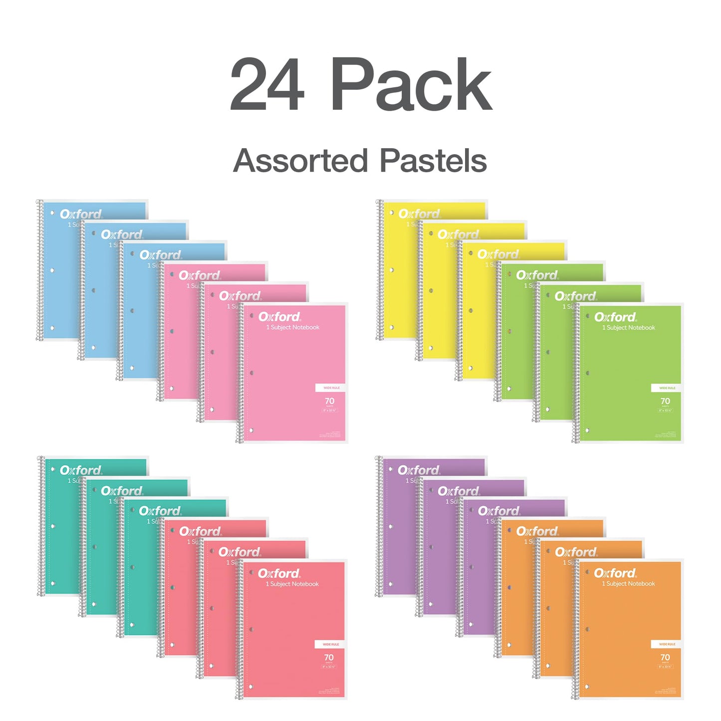 Oxford Spiral Notebook Wide Ruled - 24 Pack - 1 Subject Notebooks for School - 8 x 10-1/2 Inch - 8 Pastel Colors Included - 70 Sheets