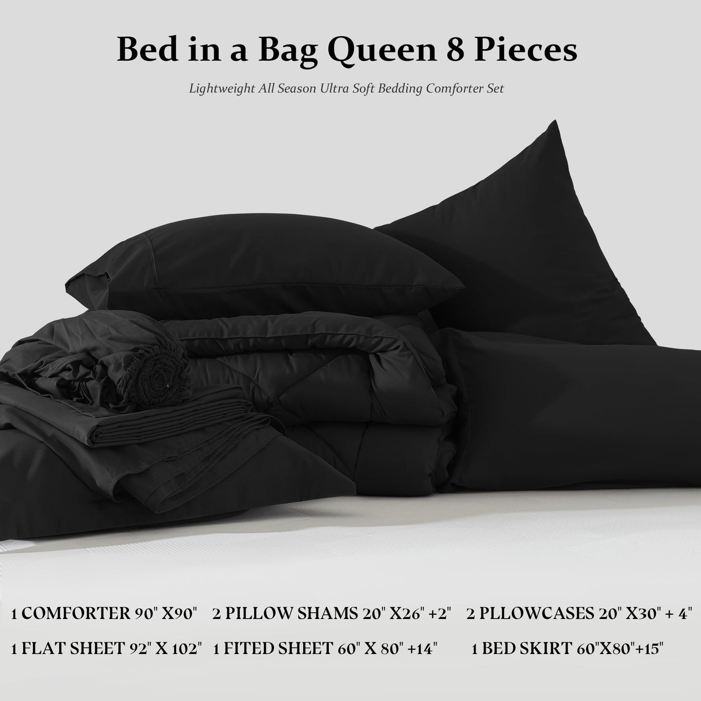 Newspin Queen Comforter Set Black - Bed in a Bag Queen Size 8 Pieces, All Season Bed Set, Fluffy Comforter Set with Sheets, Sheet Set Quilt Blanket, Pillowcases & Shams & Bed Skirt