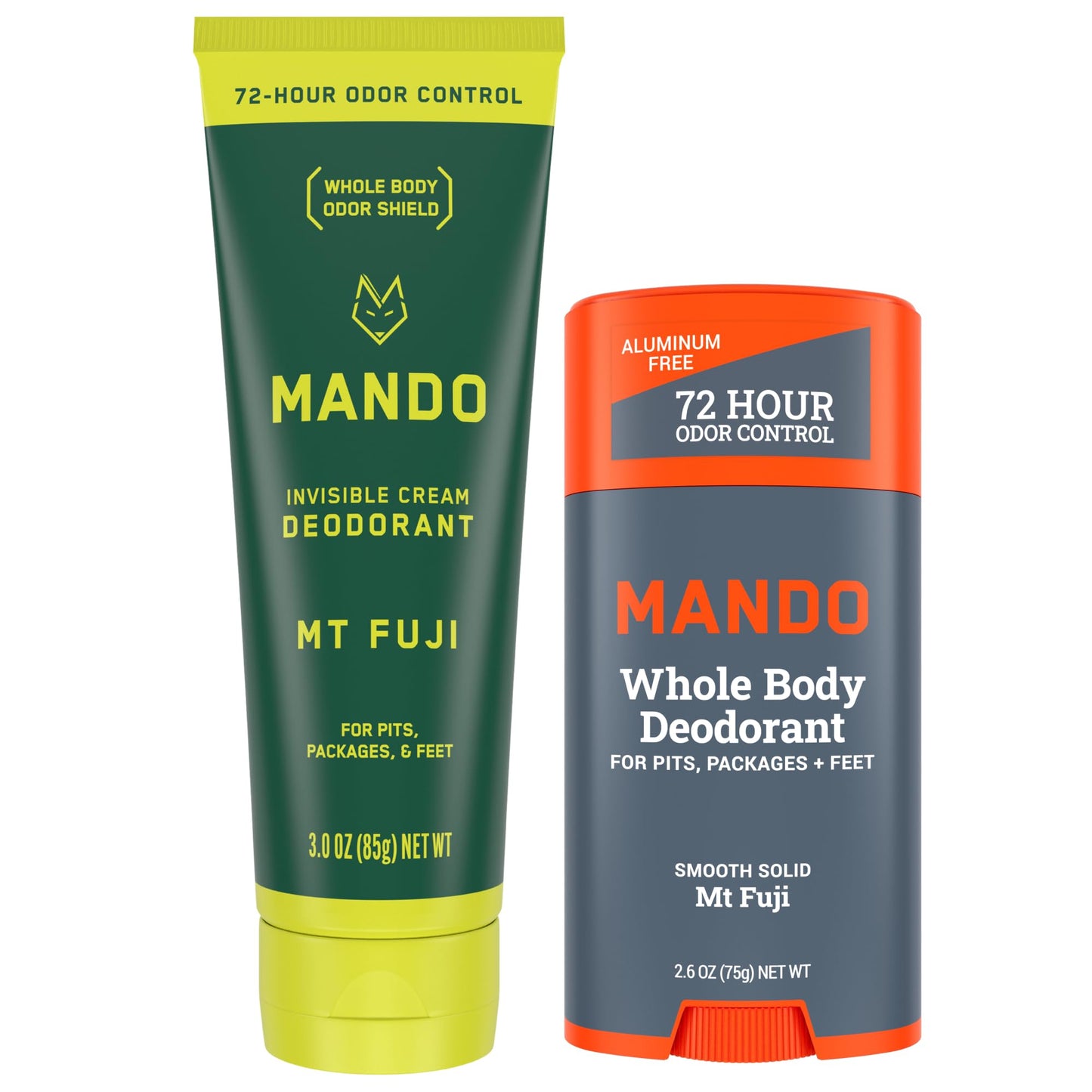 Mando Whole Body Deodorant - Invisible Cream Tube and Solid Stick - 72 Hour Odor Control - Aluminum Free, Baking Soda Free, Skin Safe - 3.0 Ounce Tube and 2.6 Ounce Solid Stick Bundle - Mt Fuji