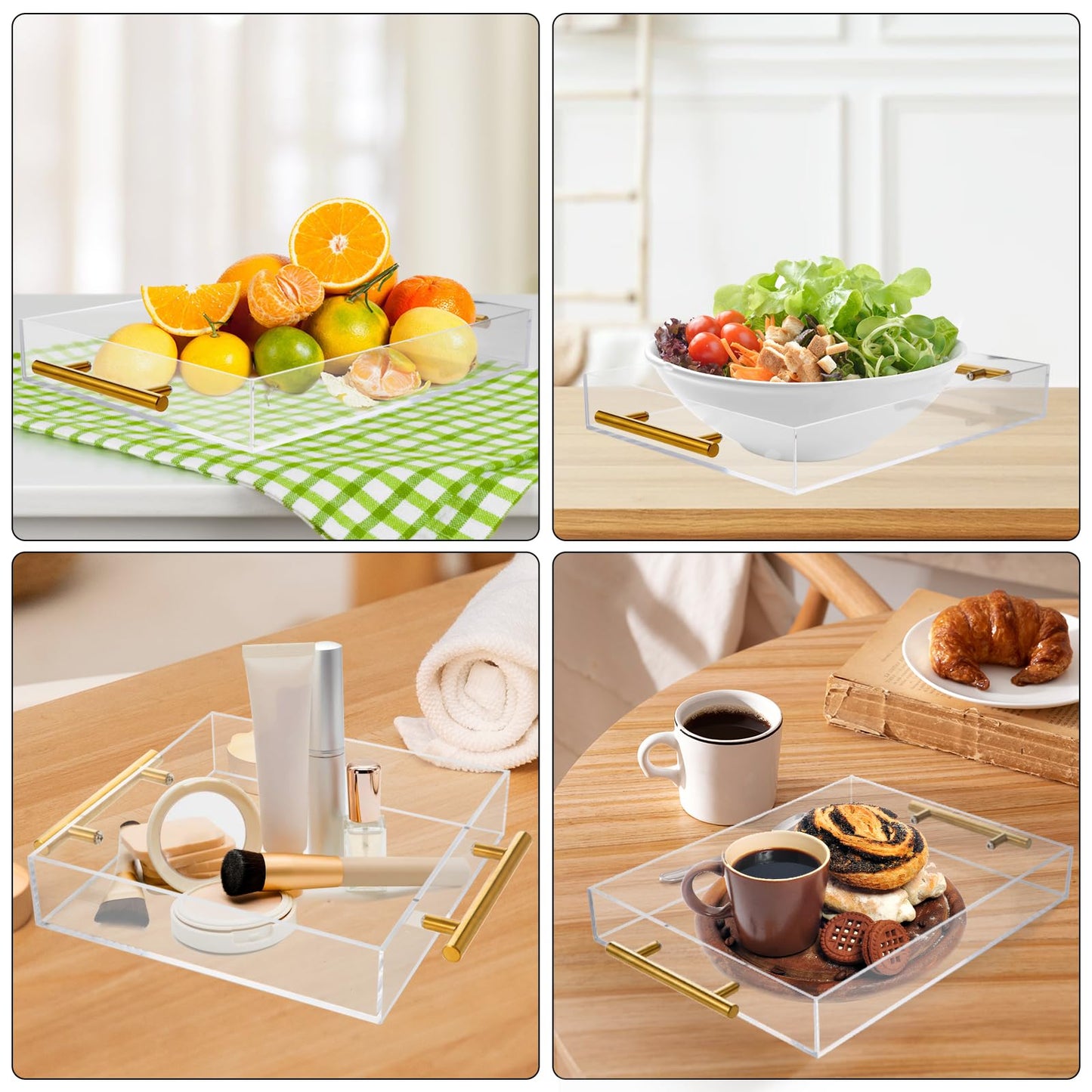 3 Pack Clear Acrylic Serving Tray with Gold Handles, Spill-Proof Acrylic Tray, Decorative Organizer Tray for Coffee Table Countertop Bathroom Vanity Appetizer Breakfast
